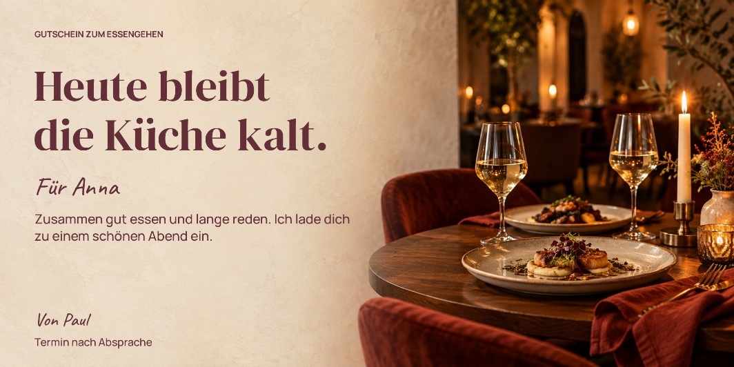 Essensgutschein „Ein Abend für uns.“ als personalisiertes Beispiel