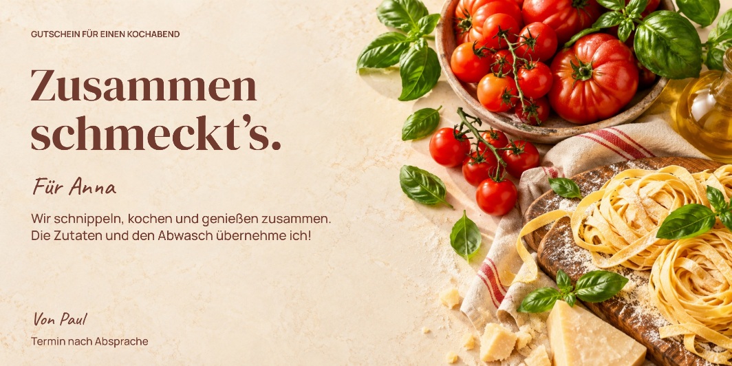 Kochgutschein „Amore auf dem Teller.“ als personalisiertes Beispiel