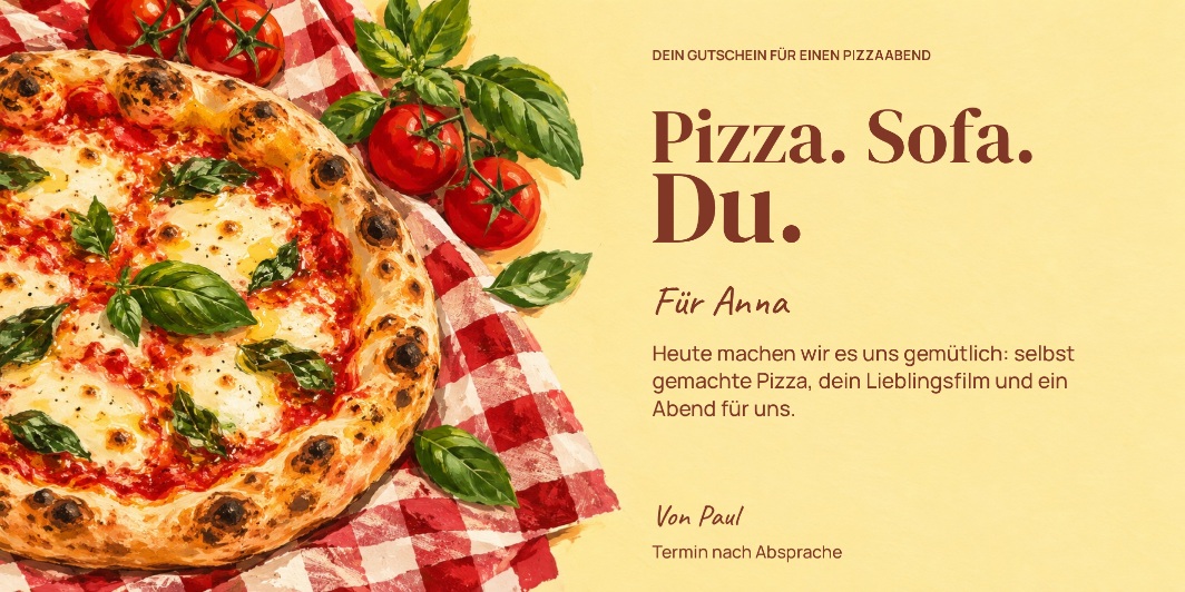 Kochgutschein „Pizza. Sofa. Du.“ als personalisiertes Beispiel