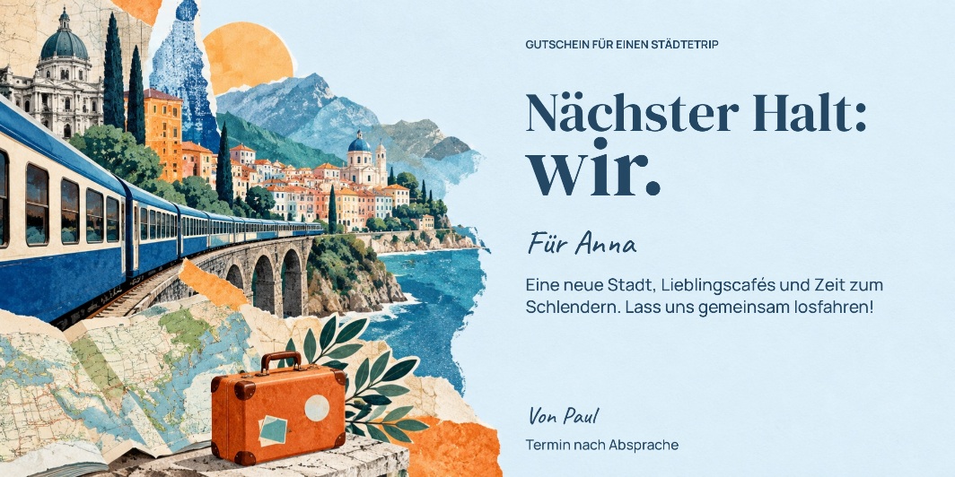 Reisegutschein „Nächster Halt: wir.“ als personalisiertes Beispiel