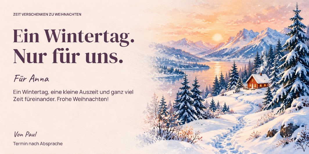 Weihnachtsgutschein „Ein Wintertag für uns.“ als personalisiertes Beispiel
