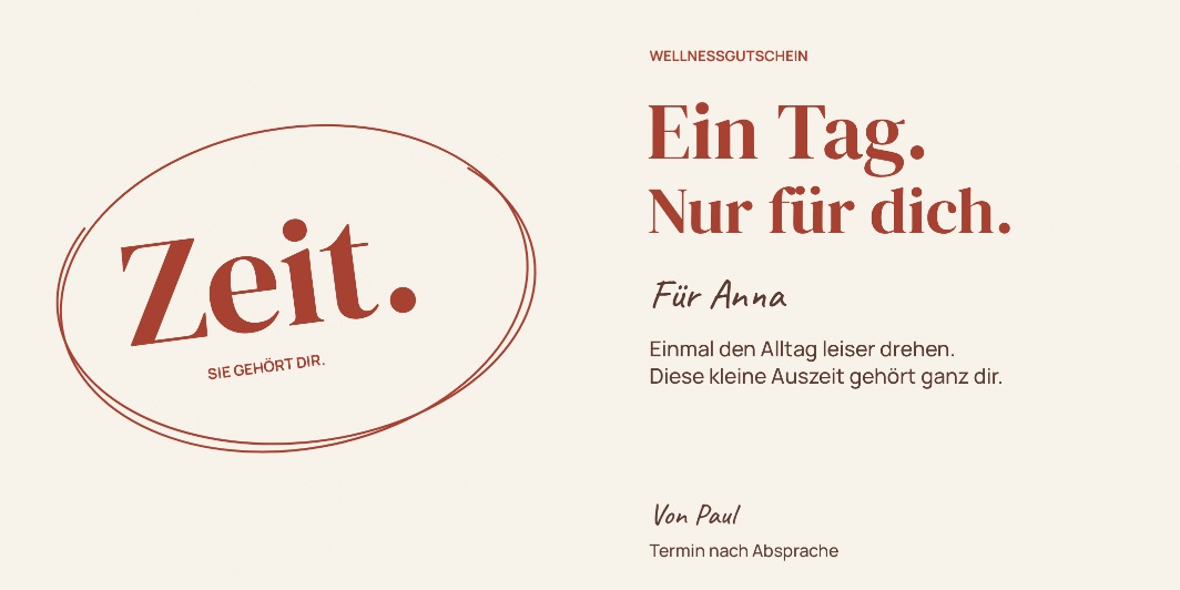 Wellnessgutschein „Zeit. Nur für dich.“ als personalisiertes Beispiel